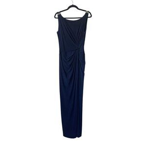 Lauren‎ Ralph Lauren Evening Gown Size 8 Navy Blue Wrap Maxi Stretch Embellished